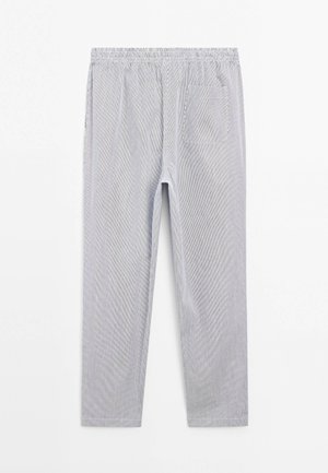 Lightweight, striped pants with an elasticated waistband, featuring a single back pocket and tapered legs in gray and white hues.