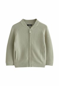 Hellgrüner Reißverschluss-Strickcardigan mit gerippter Textur, geschwungenem Ausschnitt, zwei Fronttaschen und enganliegendem Saum. Hergestellt aus weichem Strickmaterial.