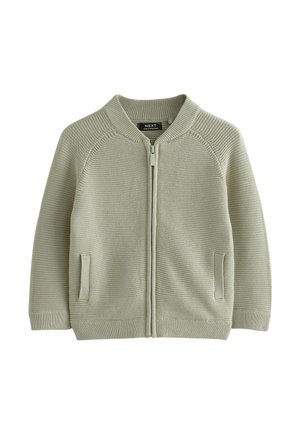 Světle zelený zapínací cardigan s žebrovanou texturou, zakřiveným výstřihem, dvěma předními kapsami a přiléhavým lemem. Vyrobeno z měkkého pleteného materiálu.