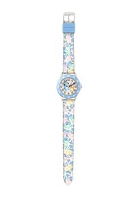 Orologio digitale con lunetta blu chiaro, quadrante trasparente e design di personaggi dei cartoni animati colorati su un cinturino in silicone stampato.
