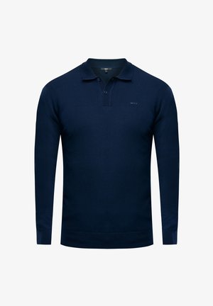 Marineblauwe longsleeve polo shirt van breiwerk, voorzien van een knoopsluiting met twee knopen, geribbelde kraag en een klein logo op de borst.