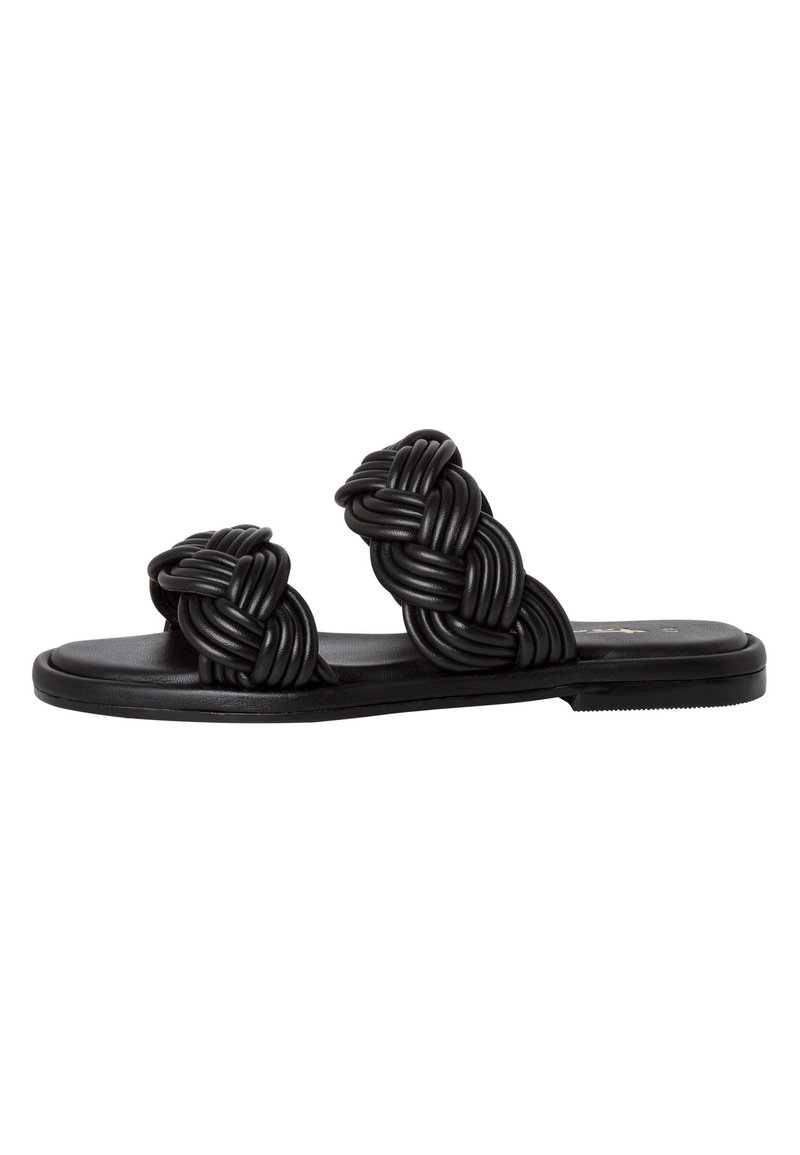 Svarta slidesandaler har två knutna remmar av flätat material, med en platt sula och en slät yta.