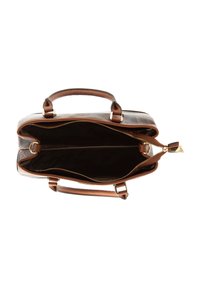 Brązowa skórzana torebka z złotymi elementami, zamknięciem na zamek błyskawiczny i dwoma przegródkami. Wyposażona w krótkie uchwyty oraz regulowany pasek na ramię.