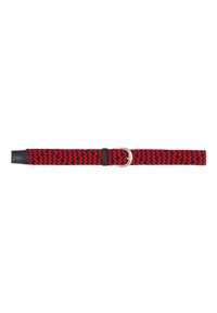 Red and navy woven belt with a textured pattern, featuring a black leather loop and a silver metal buckle. Suitable for various outfits.