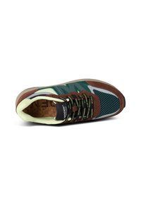 Sneakers med övre i brunt mocka och grönt nät, ljusgröna detaljer, svarta snören med logotyp och en strukturerad korksula.