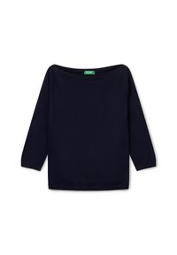 Marineblaues, langärmeliges Oberteil aus weichem Stoff, mit weitem Ausschnitt und gerippten Bündchen und Saum. Einfaches Design ohne Muster oder Akzente.