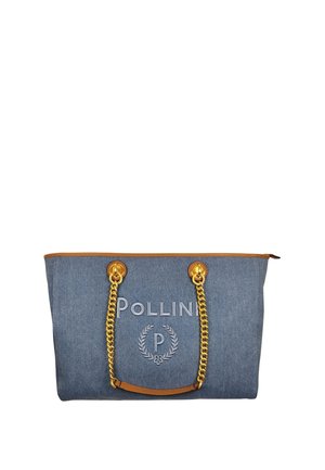 Borsa tote in denim con logo "Pollini", manici a catena dorata con dettagli in pelle e chiusura superiore con cerniera.