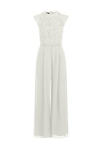 Mono blanco con parte superior de encaje floral y mangas corta, y pantalones amplios y fluidos. Tejido suave con un ajuste entallado en la cintura.