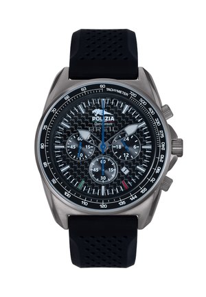 Orologio sportivo nero con cassa in acciaio inossidabile, quadrante in fibra di carbonio con texture, accenti blu e cinturino in gomma nera con perforazioni.