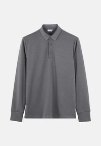 Grijs polo-shirt met lange mouwen, gemaakt van een gladde stof, met een kraag, drie knopen en een klein logo op de linkerborst.