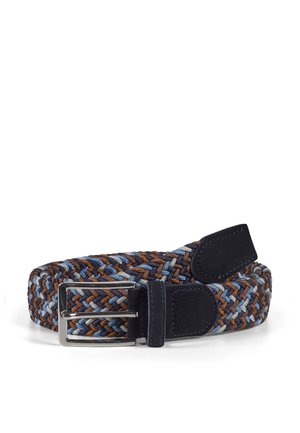 Woven belt in blue, brown, and navy with a silver metal buckle. Features soft, textured fabric and leather accents on the ends.