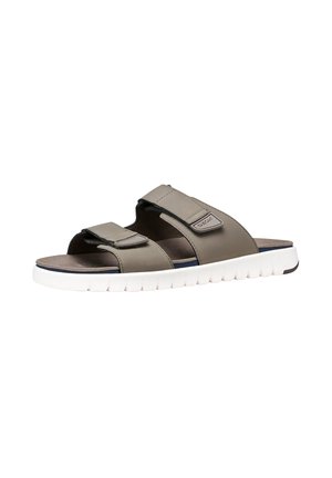 Herre grå slidesandal med to justerbare stropper og hvid polstret sål, designet til afslappet brug.
