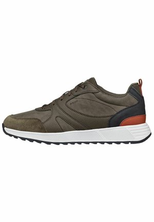 Green suede and synthetic sneakers with a white midsole, black rubber outsole, and orange accent. Features lace-up design and padded collar.