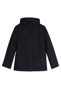 Cappotto in lana blu navy con cappuccio, maniche raglan e due tasche frontali. Texture liscia e design minimalista senza chiusure visibili.