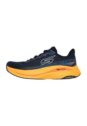Skechers running shoe featuring a navy mesh upper with orange accents, a thick orange sole labeled "MAX CUSHION," and textured black outsole.
