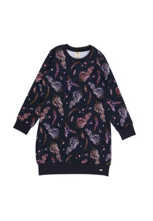 Marineblaues Sweatshirtkleid mit mehrfarbigem Blumenmuster, langen Ärmeln, Rundhalsausschnitt und gerippten Bündchen sowie geradem Saum.