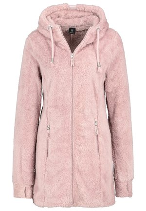 Blød rosa fleecejakke med hætte, fuld frontlynlås, lynlåslommer i siden og justerbare snore i hætten, medium størrelse.