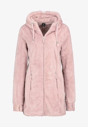 Blød rosa fleecejakke med hætte, fuld frontlynlås, lynlåslommer i siden og justerbare snore i hætten, medium størrelse.