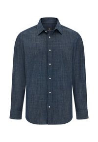 Camicia button-up blu scuro realizzata in tessuto testurizzato. Presenta maniche lunghe, colletto a punta e sei bottoni bianchi sul davanti.