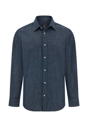 Tmavomodrá košeľa na gombíky vyrobená z textúrovanej látky. Má dlhé rukávy, ležérny golier a šesť bielych gombíkov na prednej strane.