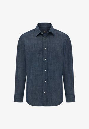 Camicia button-up blu scuro realizzata in tessuto testurizzato. Presenta maniche lunghe, colletto a punta e sei bottoni bianchi sul davanti.