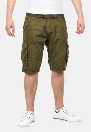 Cargo shorts in olive green cotton, featuring multiple side pockets, a relaxed fit, and a waistband with a brown leather accent.