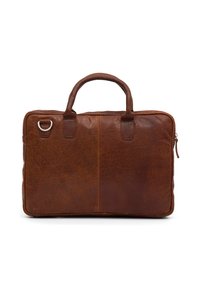 Brun læder laptop taske med to håndtag, lynlås lukning og en sølv hardware detalje. Glat tekstur og en enkel rektangulær form.