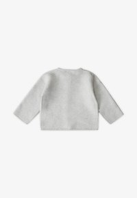 Maglione lavorato a maglia grigio chiaro con maniche lunghe, scollatura tonda e orlo a coste. Presenta un motivo testurizzato sulla superficie del tessuto.