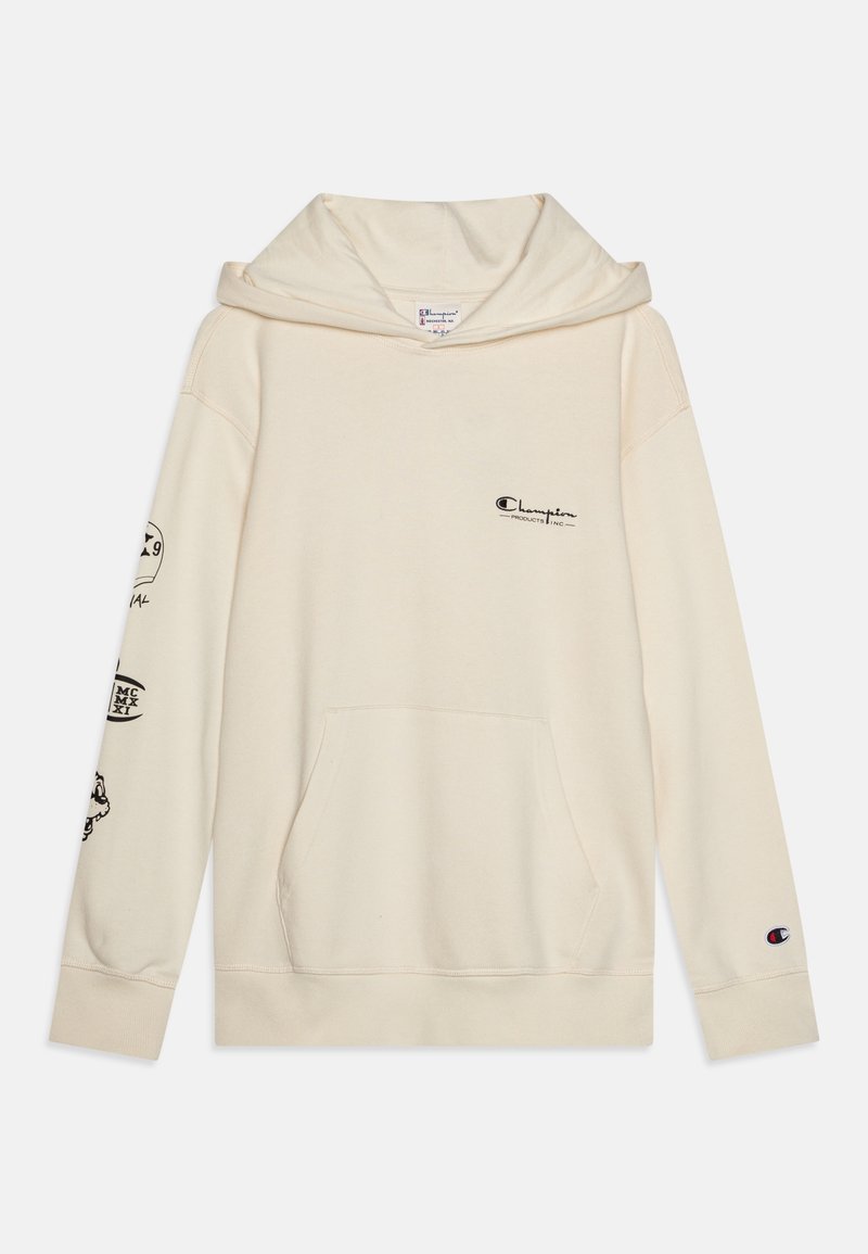 Roomkleurige hoodie met een voorzak, voorzien van bedrukte ontwerpen op beide mouwen en een klein logo op de borst. Gemaakt van zachte stof.