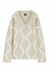 Suéter beige de punto con cuello en v, que presenta un patrón de diamantes texturizado en color blanco roto. Mangas largas y puños y bajo acanalados.