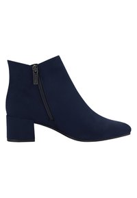 Stivaletti alla caviglia blu navy in morbida suede, con zip laterale e tacco basso a blocco. Il design è elegante con punta affusolata e superficie liscia.