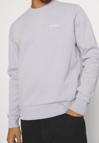 Sudadera gris claro hecha de tela suave, con cuello redondo, puños acanalados y un pequeño logo blanco de Calvin Klein en el pecho.