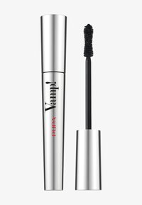 Srebrna, cylindryczna tuba tuszu do rzęs z czarnym napisem; zawiera czarną szczoteczkę z włosiem do aplikacji.