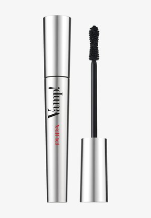 Silberner zylindrischer Mascara-Tubus mit schwarzer Schrift; enthält eine schwarze Borstenbürste zur Anwendung.