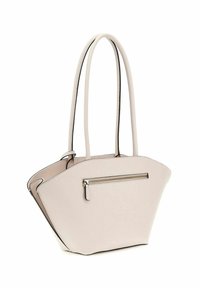 Borsa tote strutturata di un rosa chiaro con due manici lunghi, una tasca esterna con zip e bordi neri. Texture liscia, design minimalista.