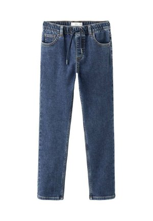 Jean en denim avec une taille élastique et un cordon de serrage, de couleur bleu foncé, avec des poches avant et une coupe droite.