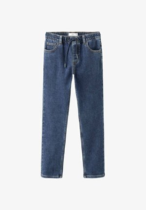 Traperice s elastičnim pojasom i vezicom, tamnoplave boje, s prednjim džepovima i ravnim krojem nogavica.