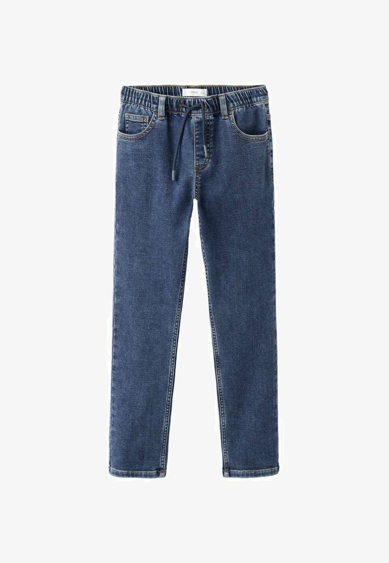 Džínsy z denimu s pružným pásom a šnúrkou, v tmavomodrej farbe, s prednými vreckami a priamym strihom nohavíc.