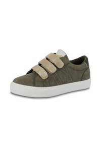 Green suede sneaker with three beige velcro straps, white rubber sole, and textured accents. Features perforated side design.