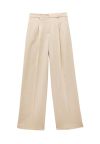 Pantaloni beige a gamba larga con fronte plissettato, tessuto liscio e vita sagomata. Presenta due tasche laterali e nessun sistema di chiusura visibile.