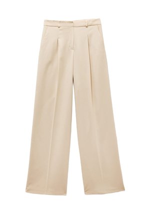 Pantaloni beige a gamba larga con fronte plissettato, tessuto liscio e vita sagomata. Presenta due tasche laterali e nessun sistema di chiusura visibile.