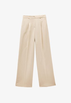 Beige wijde broek met geplooide voorkant, gladde stof en een op maat gemaakte tailleband. Voorzien van twee zijzakken en geen zichtbare sluitingen.