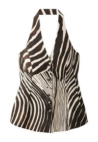 Schwarzes und weißes, ärmelloses Oberteil mit Halter-Neck, das mit einem Zebramuster, einer Knopfleiste und einer strukturierten Form versehen ist.