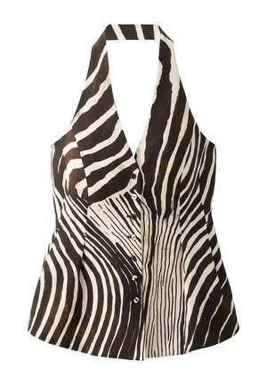 Black and white sleeveless top with a halter neck, featuring a zebra stripe pattern, button front, and structured shape.