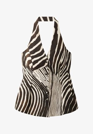 Czarny i biały bezrękawnik z dekoltem halter, z nadrukiem w zebra, guzikami z przodu i strukturalnym kształtem.
