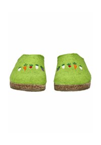 Green felt slippers with a cork sole, featuring embroidered vegetable designs in varied colors, including carrot and radish motifs.