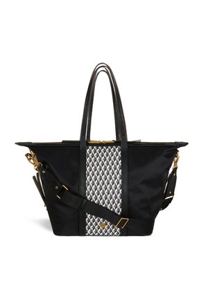 Black tote bag with woven geometric pattern in gray and white, leather accents, top handles, and adjustable shoulder strap. Zipper closure.