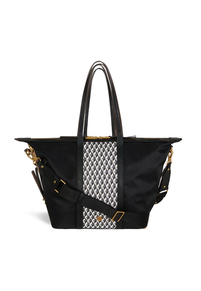 Sac fourre-tout noir avec un motif géométrique tissé en gris et blanc, accents en cuir, poignées supérieures et bandoulière réglable. Fermeture éclair.