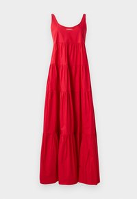 Abito maxi in cotone rosso con scollatura a barchetta, design a strati e tessuto fluente. Presenta tre strati orizzontali per un volume aggiuntivo.