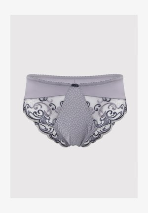Fioletowe koronkowe majtki z kwiatowym wzorem, z falbaniastymi brzegami i gładkim przodem. Miły w dotyku i skomplikowany design z kontrastującymi detalami.
